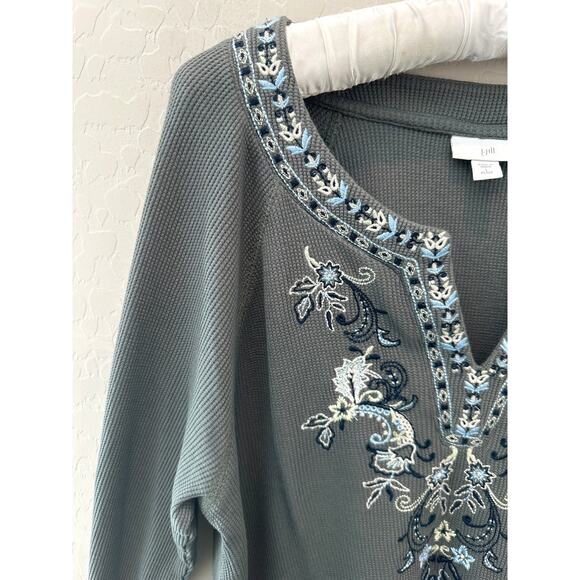 J.JILL Petite Gray Embroidered Thermal Tunic Top Long Sleeve Cotton Blend Large - Picture 4 of 8